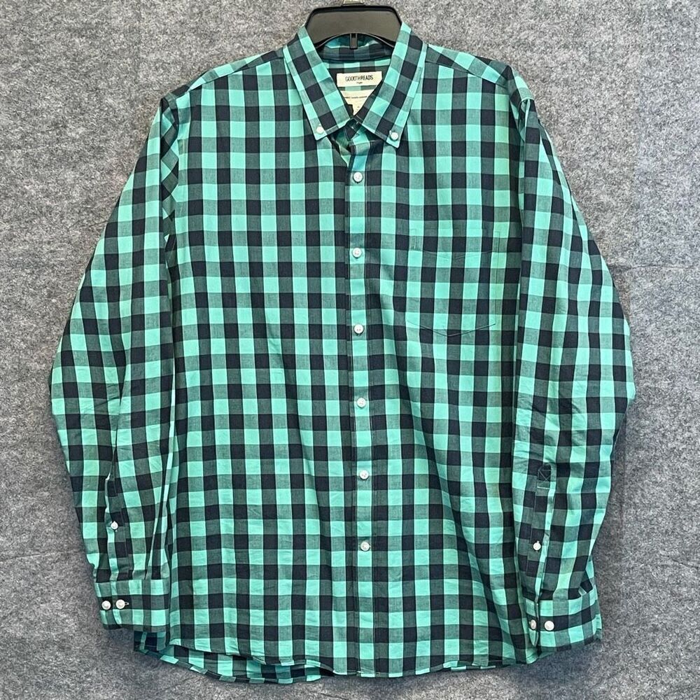 GOODTHREADS Button-down Shirt Mens XL Black Green Buffalo Plaid Poplin Standard‎